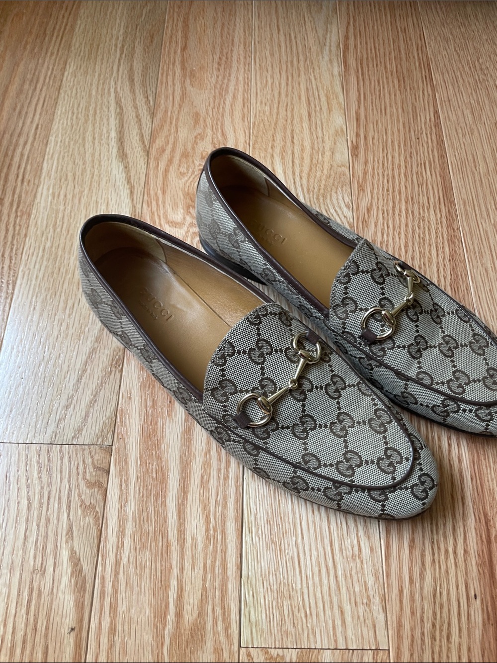 Gucci Brown Beige GG Canvas Horsebit Loafers